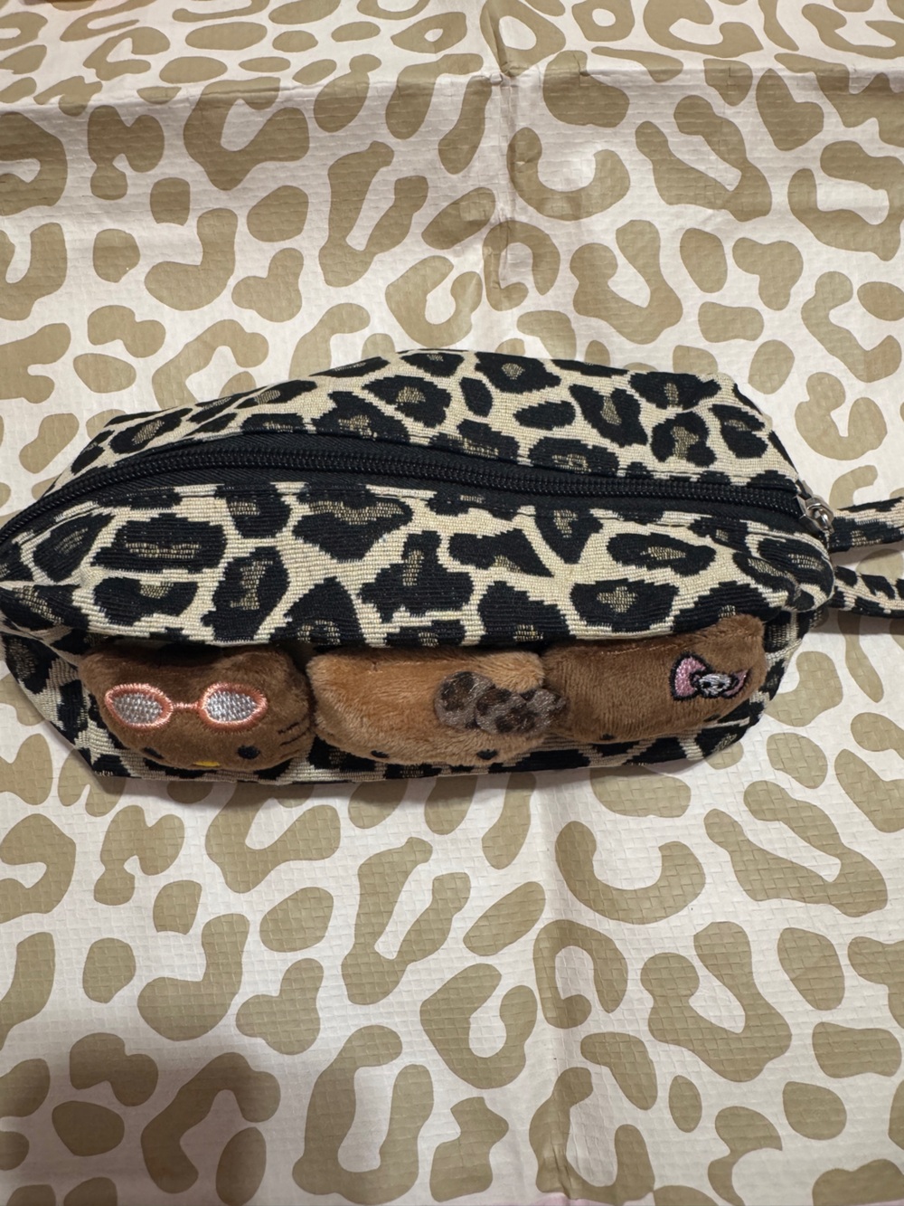 Leopard Hello Kitty Print Zip Pouch with Plush Kitty Charm